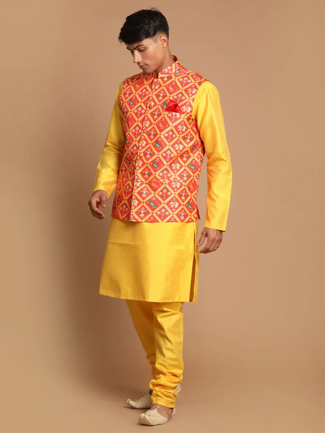 VASTRAMAY Red Patola Print Nehru Jacket With Yellow  kurta Pyjama Set