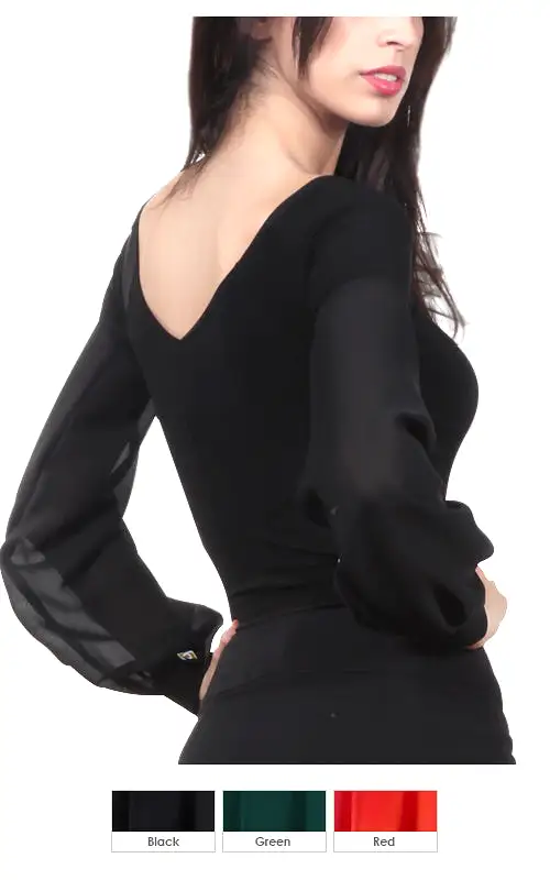 Victoria Blitz ST008 Black or Red Women's Long Sleeve Ballroom Bodysuit Practice Top with V-Neck on Back PRA 902 in Stock