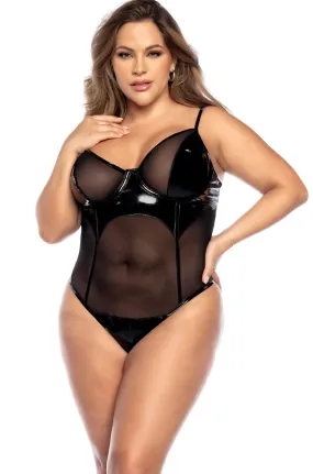 Vinyl Bodysuit with Mesh Contrast