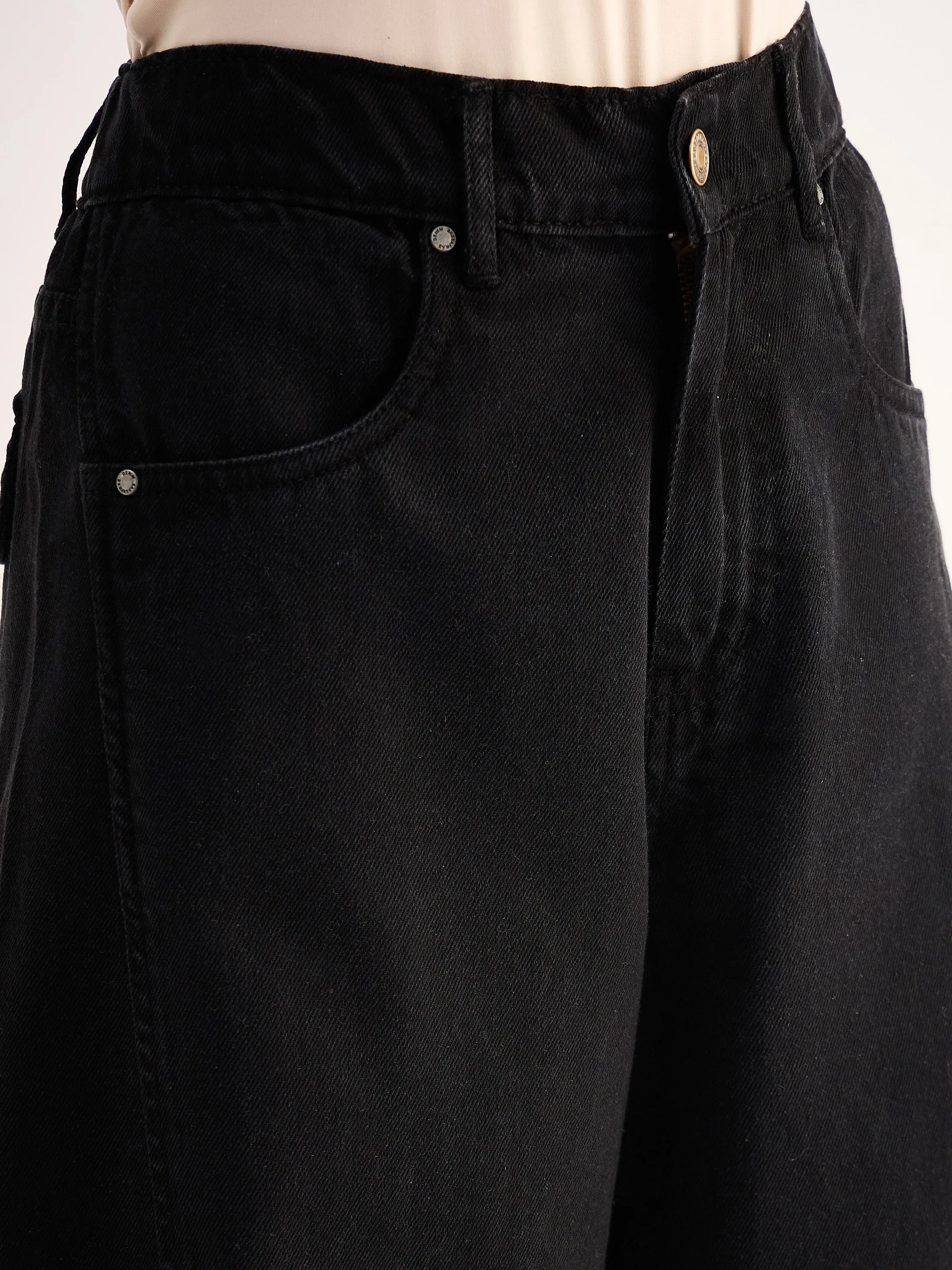 Women Black Seam Detail Wide Leg Jeans