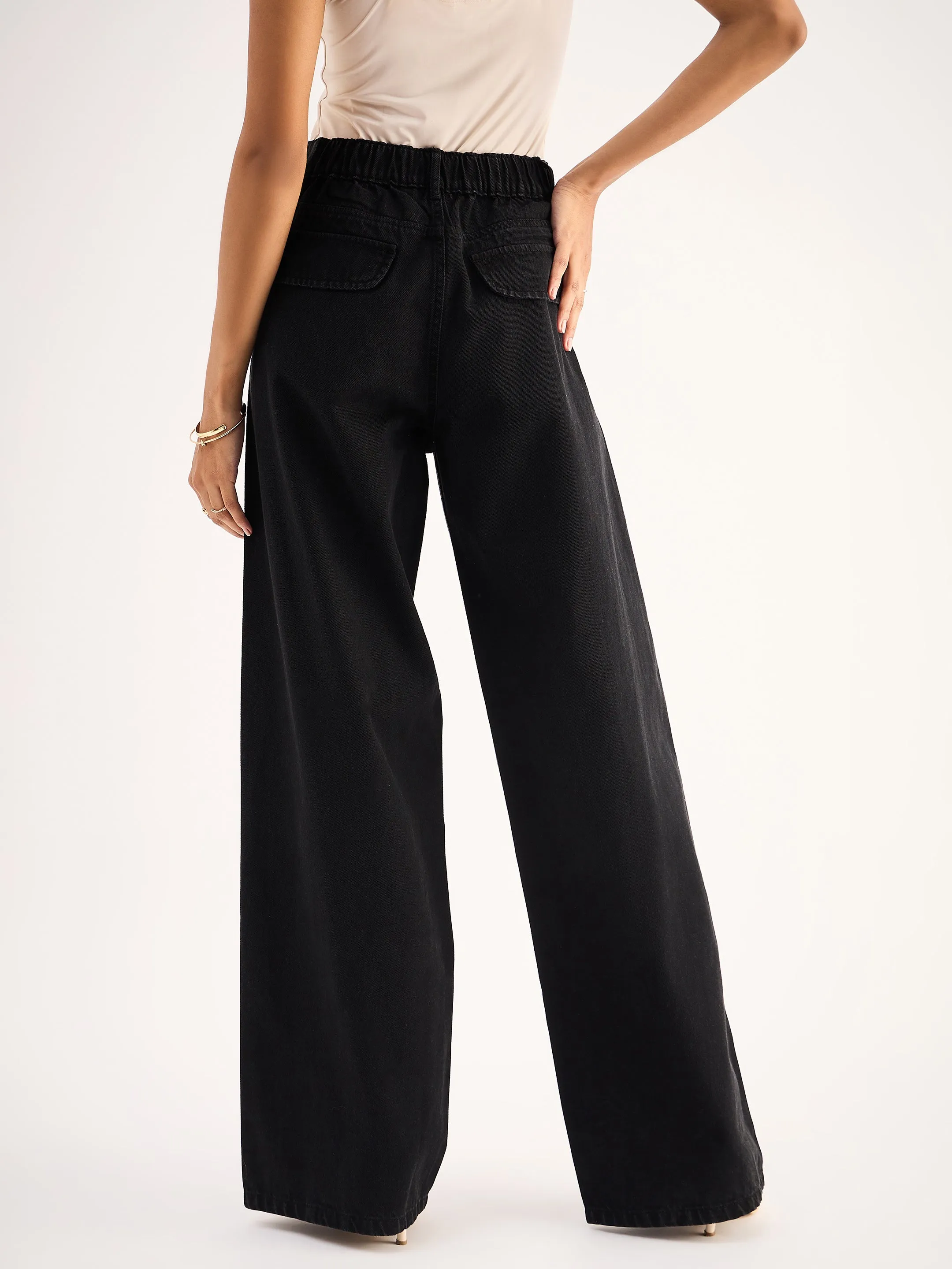 Women Black Seam Detail Wide Leg Jeans