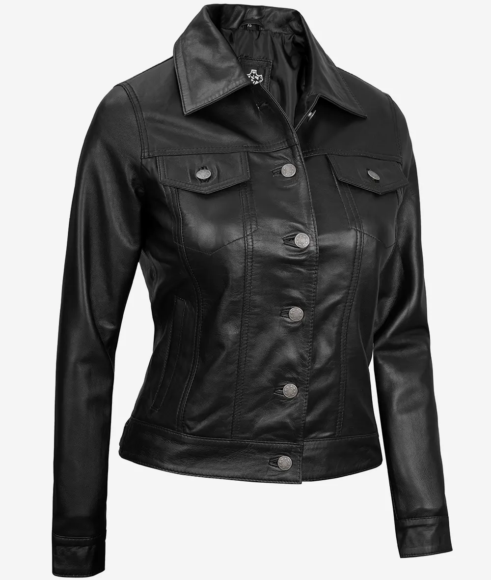 Women's Black Lambskin Leather Four-Pocket Trucker Jacket