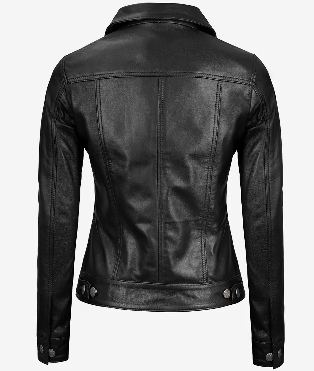 Women's Black Lambskin Leather Four-Pocket Trucker Jacket