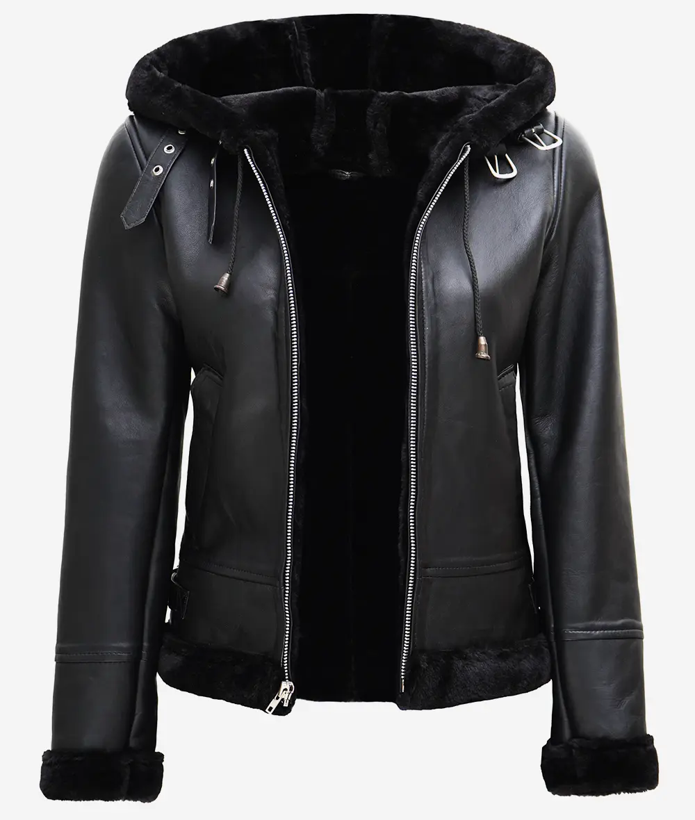 Women's Black Leather Hooded Shearling Jacket