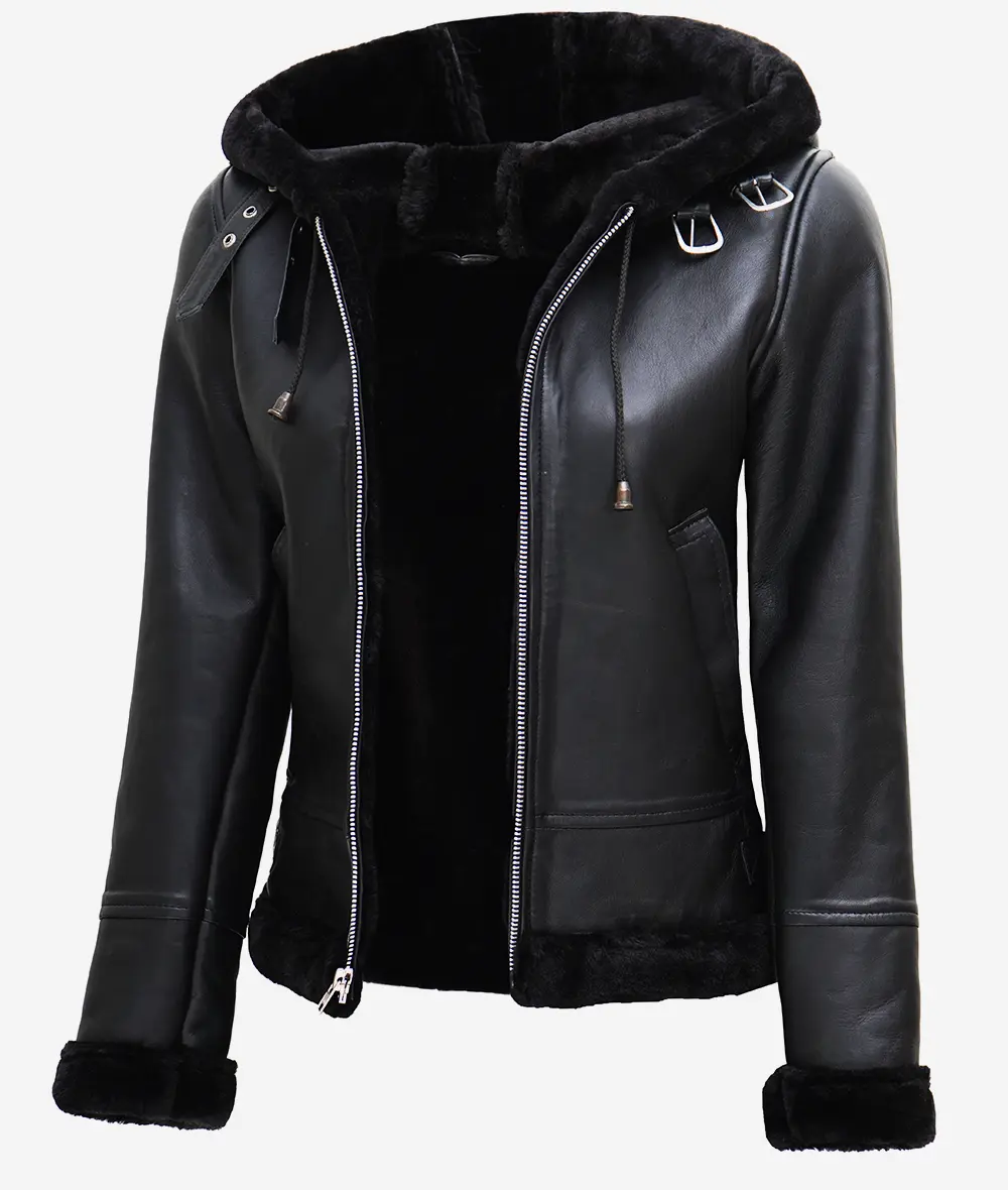 Women's Black Leather Hooded Shearling Jacket