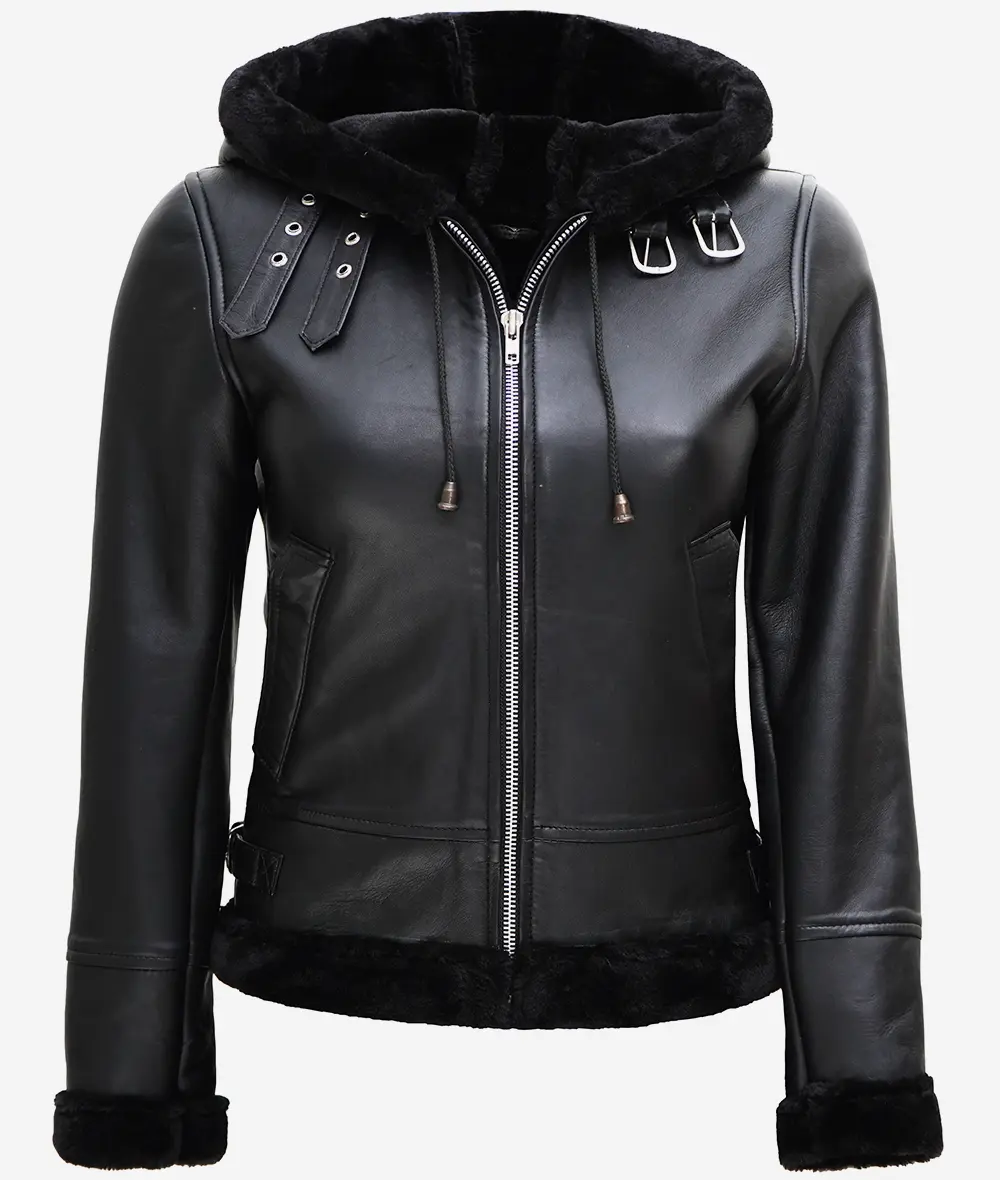 Women's Black Leather Hooded Shearling Jacket