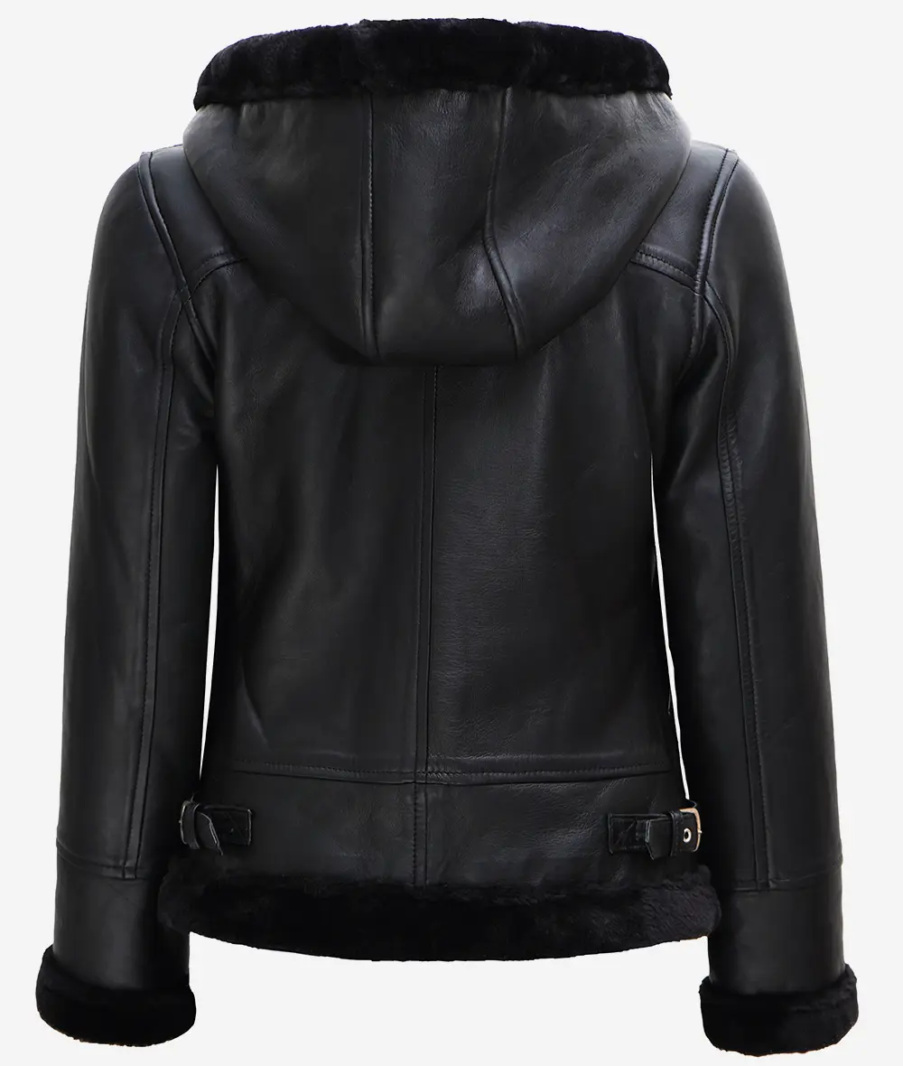 Women's Black Leather Hooded Shearling Jacket