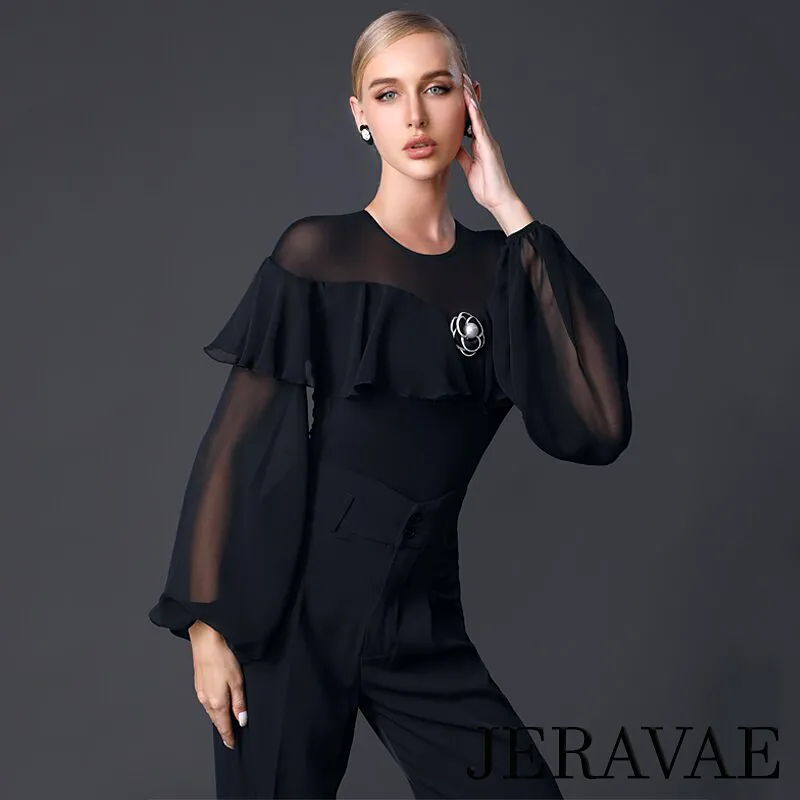 Women's Black Bodysuit Practice Top with Illusion Neckline, Large Flowy Ruffle, Mesh Lantern Sleeves, and Front Flower Detail PR