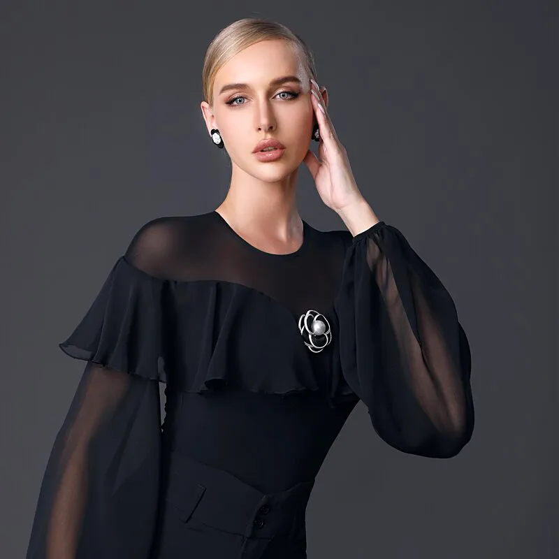 Women's Black Bodysuit Practice Top with Illusion Neckline, Large Flowy Ruffle, Mesh Lantern Sleeves, and Front Flower Detail PR