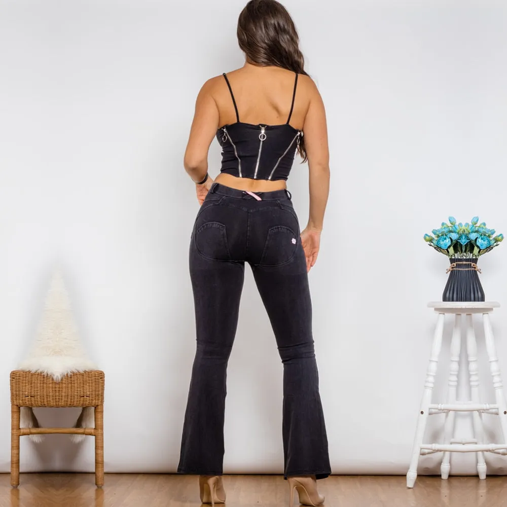 Women's Black Denim Zipper Top Middle Waist Push Up Flare Pants 2pc Set