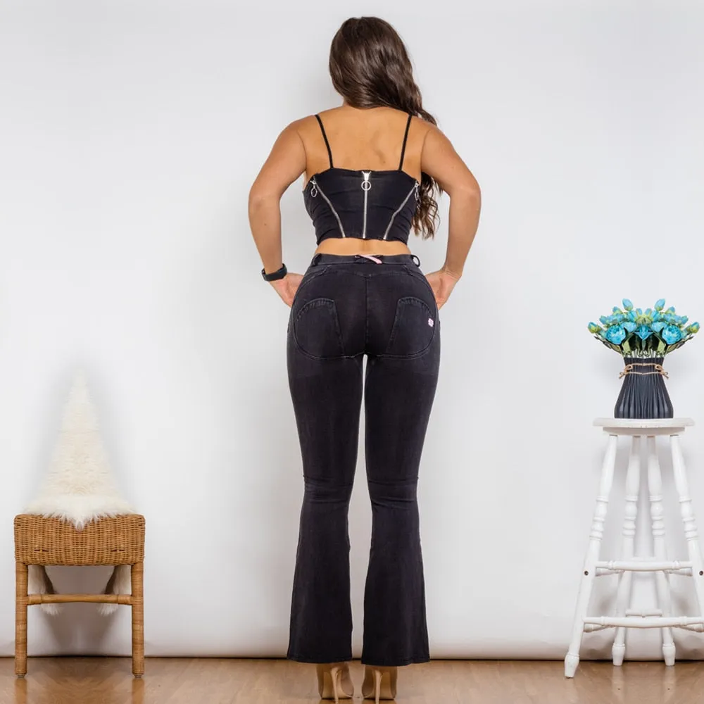 Women's Black Denim Zipper Top Middle Waist Push Up Flare Pants 2pc Set