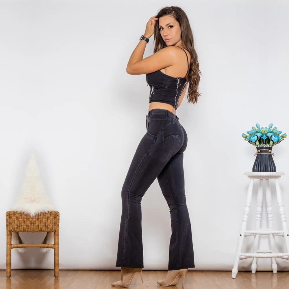 Women's Black Denim Zipper Top Middle Waist Push Up Flare Pants 2pc Set