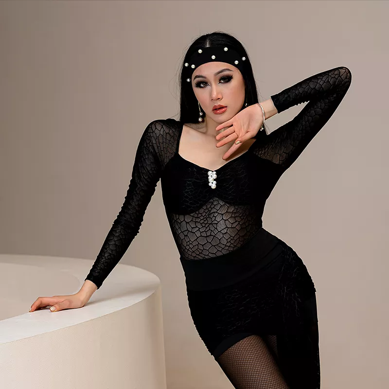 Women's Black Long Sleeve Transparent Stretch Mesh Bodysuit Practice Top with Cross Straps on Back and Pearl Feature at Center F