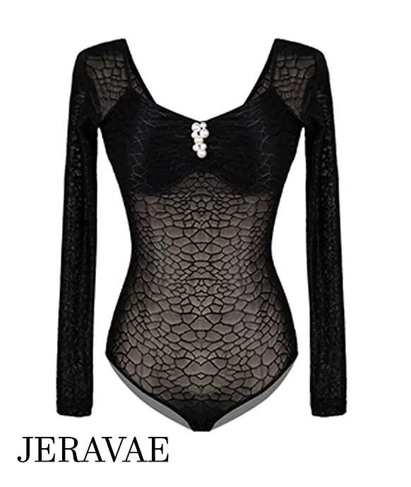 Women's Black Long Sleeve Transparent Stretch Mesh Bodysuit Practice Top with Cross Straps on Back and Pearl Feature at Center F