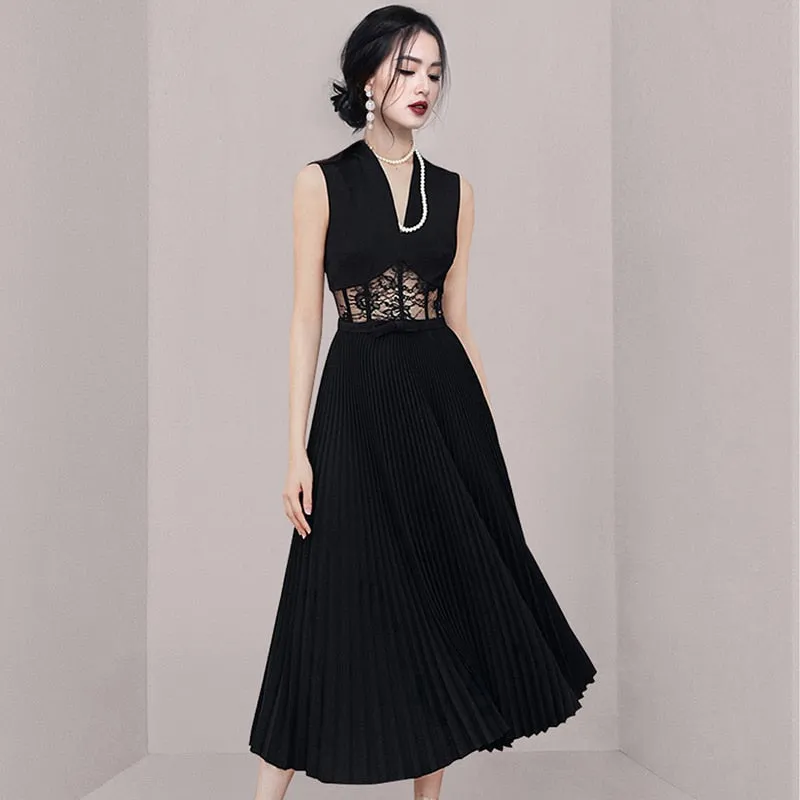 Women's Casual Solid Pattern V-Neck Sleeveless Ankle-Length Dress