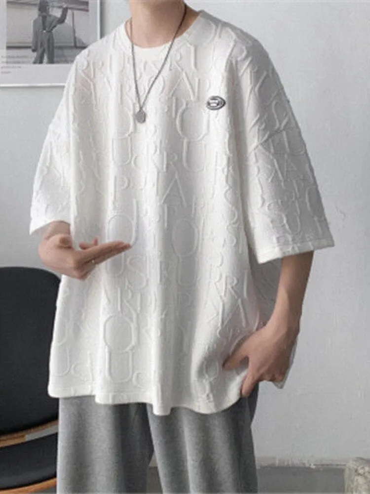 Xituodai Summer Design Texture Solid Short-sleeved T-shirt Men Trend Korean Oversize All-match Top Hong Kong Style Simple Waffle