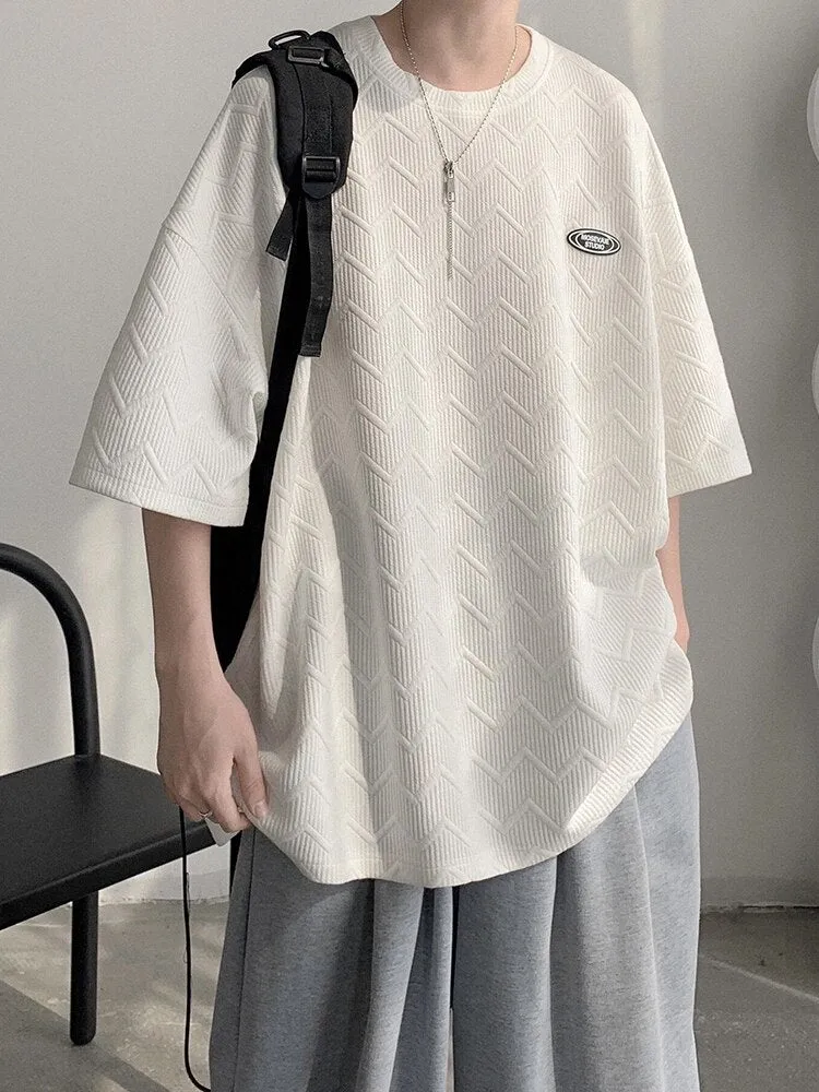 Xituodai Summer Design Texture Solid Short-sleeved T-shirt Men Trend Korean Oversize All-match Top Hong Kong Style Simple Waffle