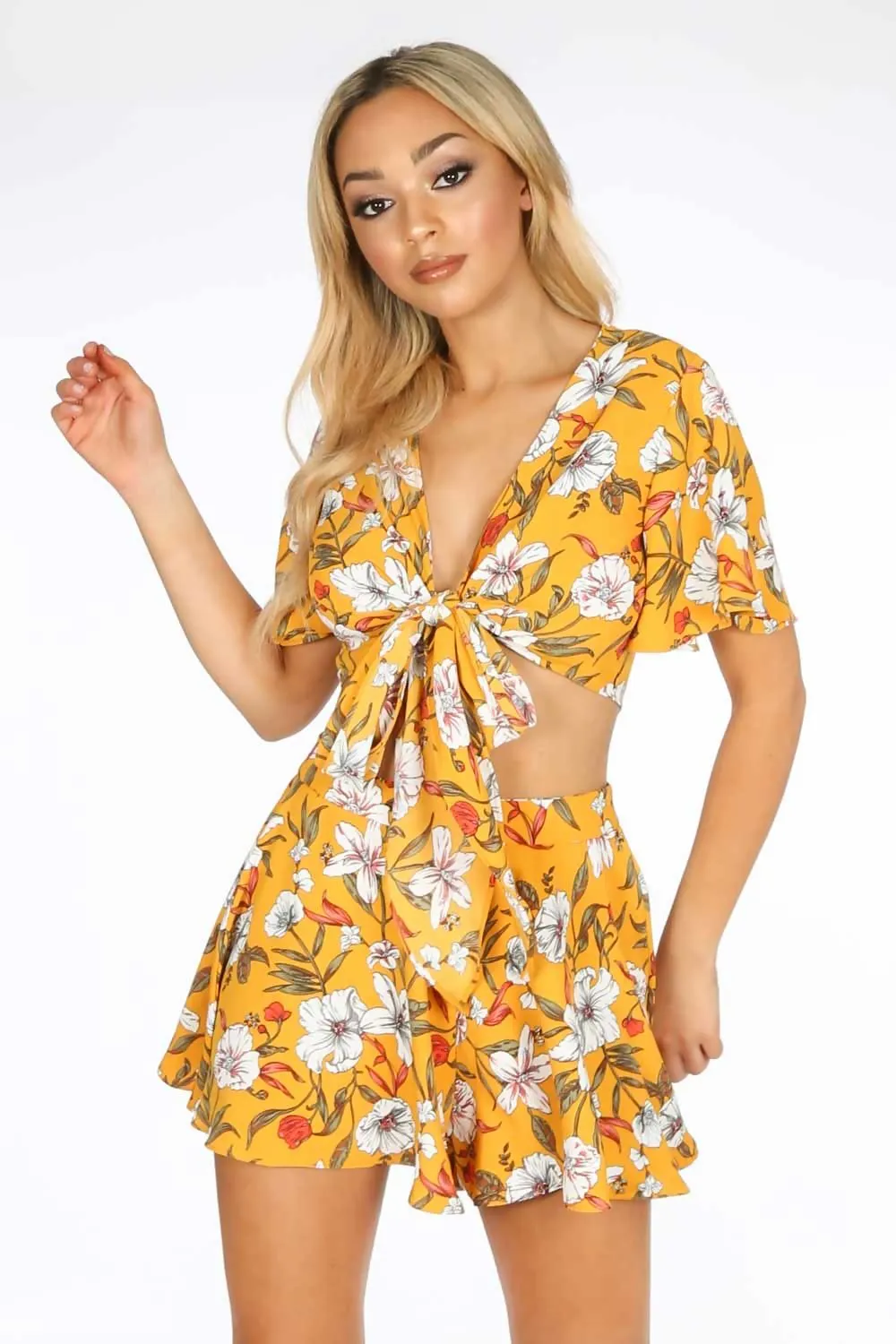 Yellow Flowy Floral Tie Front Crop Top 