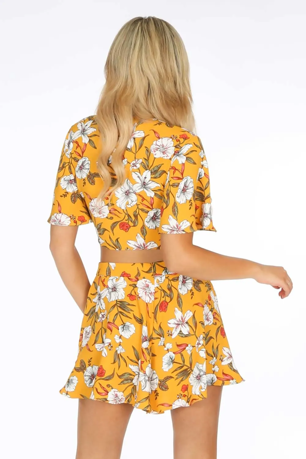 Yellow Flowy Floral Tie Front Crop Top 