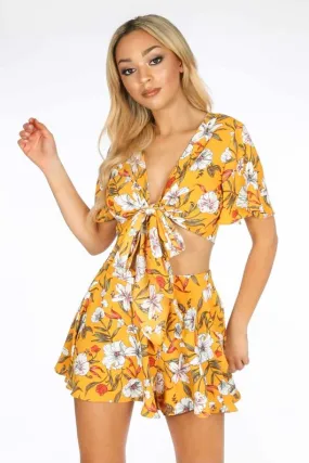 Yellow Flowy Floral Tie Front Crop Top 