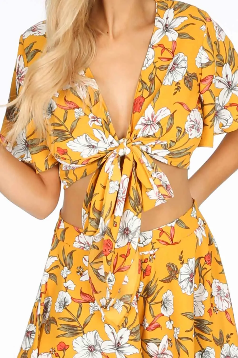 Yellow Flowy Floral Tie Front Crop Top 