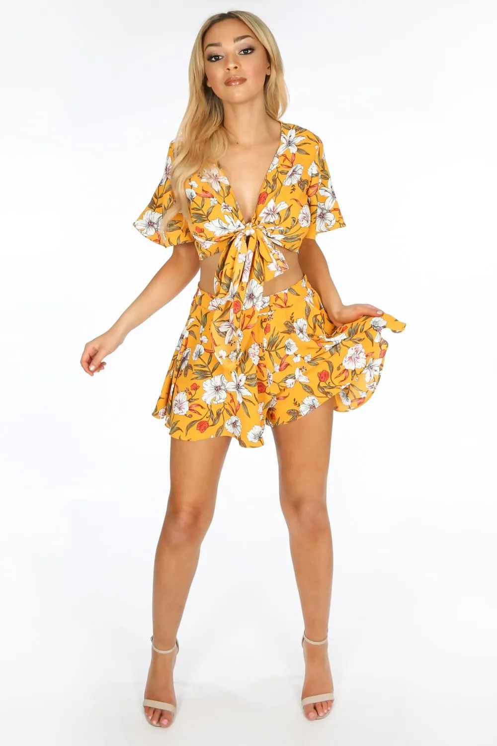 Yellow Flowy Floral Tie Front Crop Top 